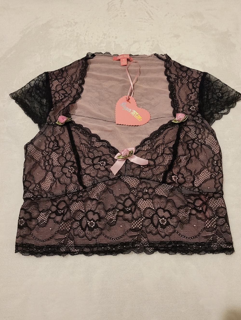 Sugar Thrillz Pink And Black Lace Crop Top
